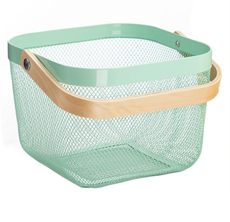 AJIODA Metal Mesh Steel Basket, Storage Organizer Basket Multi-functional Hanging Kitchen Baskets Fruit Basket with Wooden Handle for Kitchen Bathroom Picnic Shopping Decor Cabinet Home, Macaron Blue - Image 3