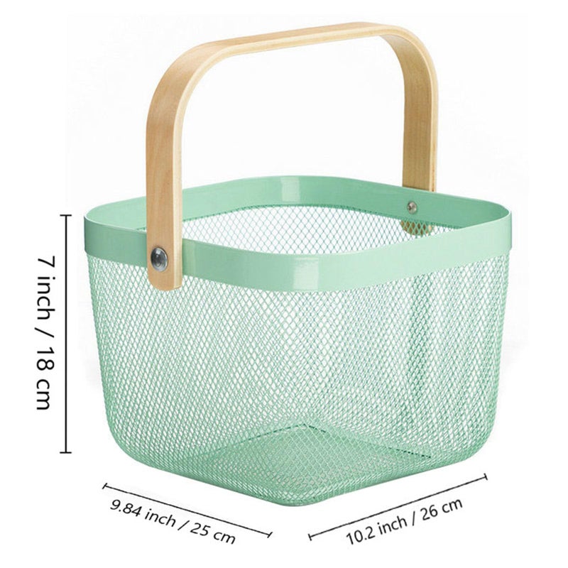 AJIODA Metal Mesh Steel Basket, Storage Organizer Basket Multi-functional Hanging Kitchen Baskets Fruit Basket with Wooden Handle for Kitchen Bathroom Picnic Shopping Decor Cabinet Home, Macaron Blue - Image 2