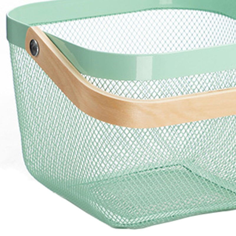 AJIODA Metal Mesh Steel Basket, Storage Organizer Basket Multi-functional Hanging Kitchen Baskets Fruit Basket with Wooden Handle for Kitchen Bathroom Picnic Shopping Decor Cabinet Home, Macaron Blue - Image 4