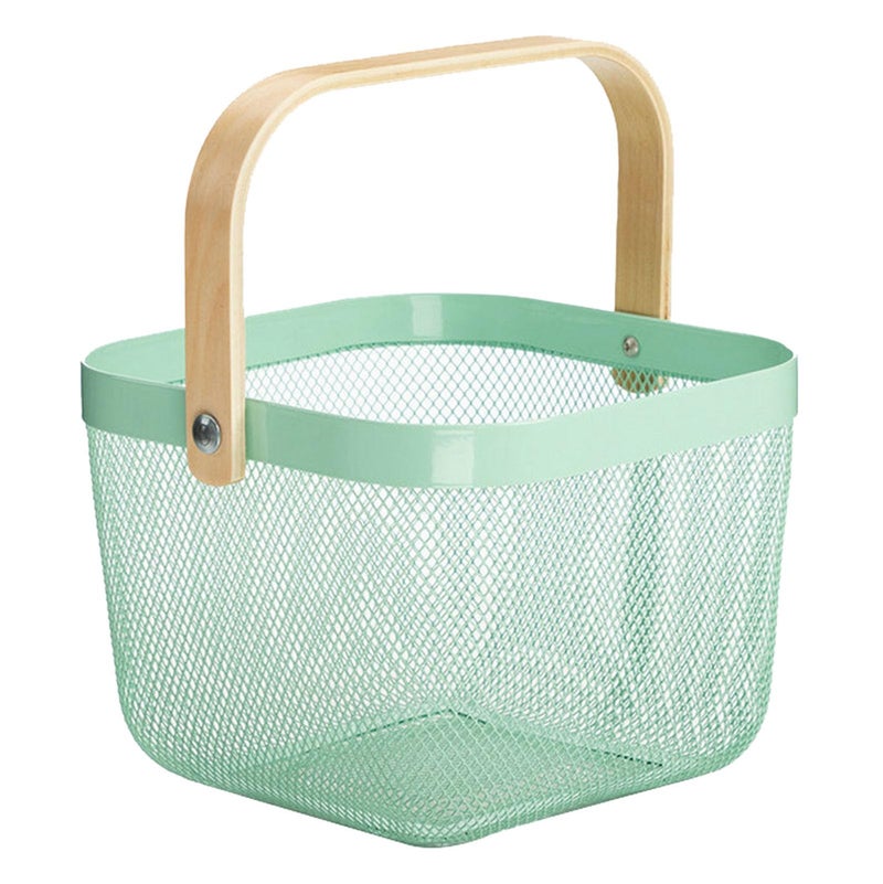 AJIODA Metal Mesh Steel Basket, Storage Organizer Basket Multi-functional Hanging Kitchen Baskets Fruit Basket with Wooden Handle for Kitchen Bathroom Picnic Shopping Decor Cabinet Home, Macaron Blue - Image 1