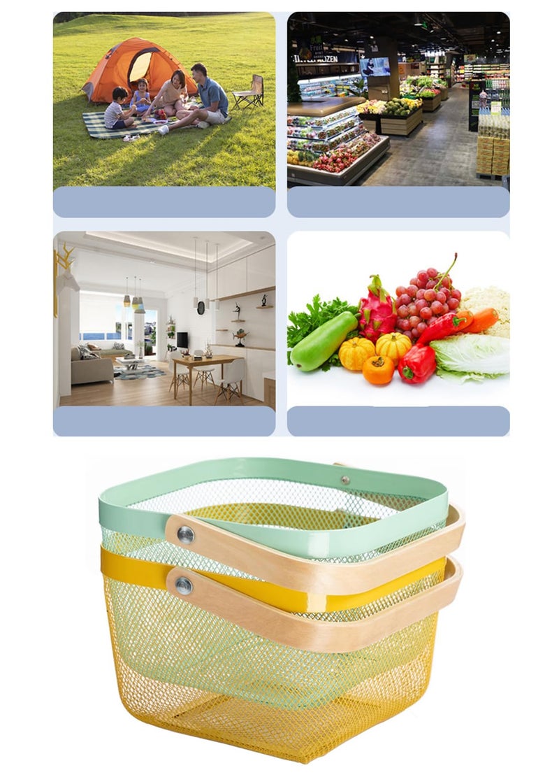 AJIODA Metal Mesh Steel Basket, Storage Organizer Basket Multi-functional Hanging Kitchen Baskets Fruit Basket with Wooden Handle for Kitchen Bathroom Picnic Shopping Decor Cabinet Home, Macaron Blue - Image 5