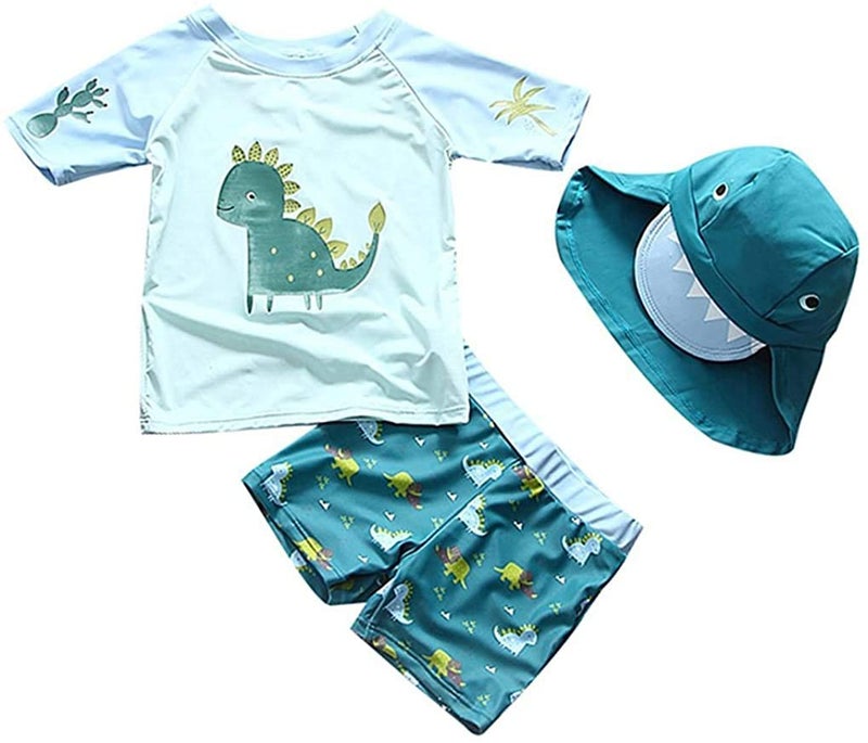 SGMWVB Baby and Toddler Boys' 3-Piece Swimsuit Set Kids Dinosaur Bathing Suit Swimwear with Hat Surfing Suit UPF 50+(6-9 Months) - Image 1
