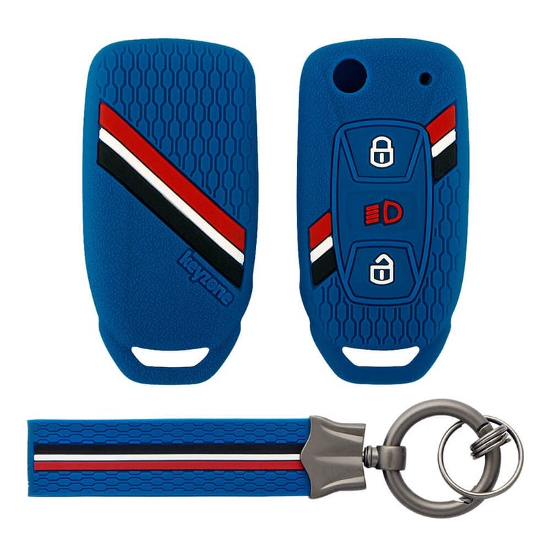 KeyZone Striped Silicone Key Cover & Keychain Compatible for Tata Curvv, Nexon, Harrier, Safari, Altroz, Punch, Tigor, Tiago 3 Button Flip (Blue with Blue Striped Keychain) - Image 1