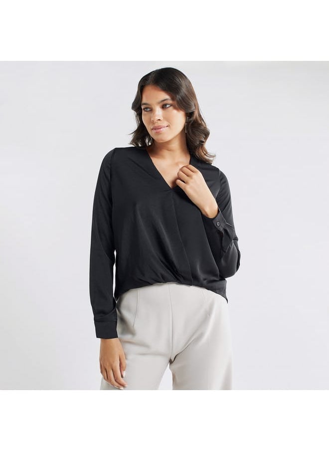 FAV - Solid V-neck Top with Long Sleeves and High Low Hem - Image 1