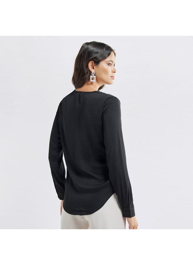 FAV - Solid V-neck Top with Long Sleeves and High Low Hem - Image 1