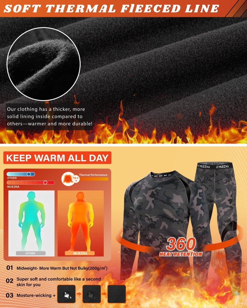 Muezna Men's Thermal Top and Bottom Set Underwear Long Johns Base Layer with Soft Fleece Lined Camouflage - Image 2