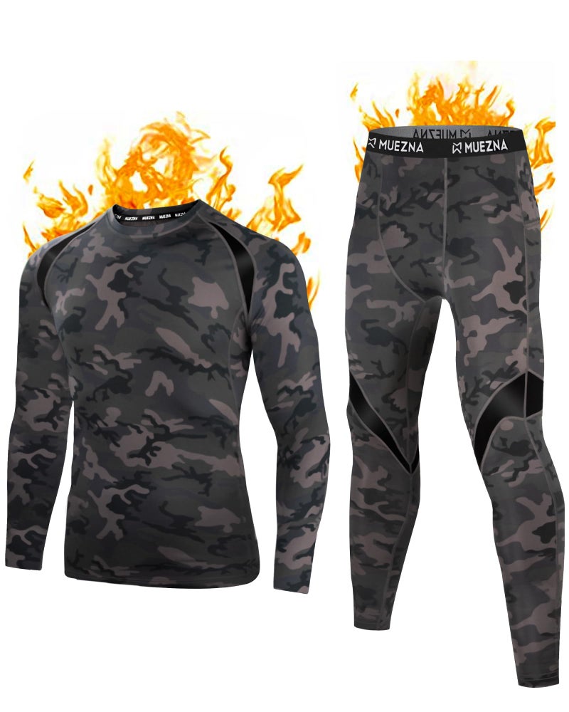 Muezna Men's Thermal Top and Bottom Set Underwear Long Johns Base Layer with Soft Fleece Lined Camouflage - Image 1