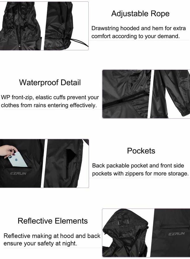 EZRUN Men's Waterproof Hooded Rain Jacket Running Cycling Hiking Gear Windbreaker Lightweight Packable Raincoat (Black,M) - Image 3