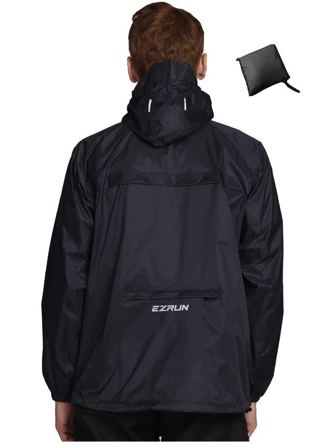 EZRUN Men's Waterproof Hooded Rain Jacket Running Cycling Hiking Gear Windbreaker Lightweight Packable Raincoat (Black,M) - Image 1