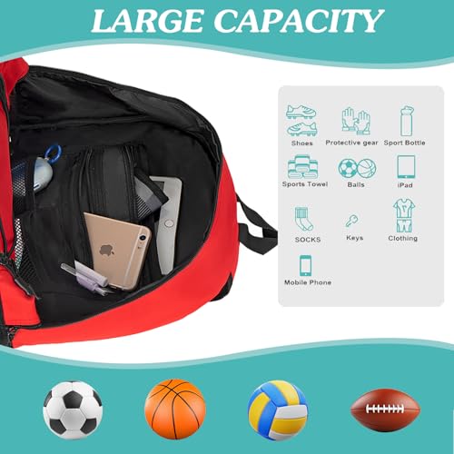 WOLT | Youth Soccer Bag, Soccer Backpack, Basketball Backpack with Cleat Shoe and Ball Compartments Sports Backpack for Volleyball Football for Men Women (Red) - Image 4