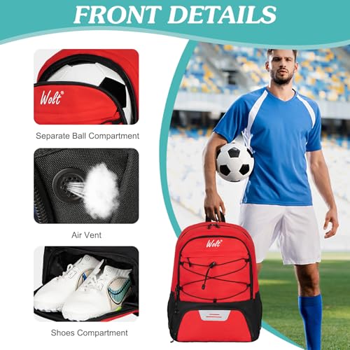 WOLT | Youth Soccer Bag, Soccer Backpack, Basketball Backpack with Cleat Shoe and Ball Compartments Sports Backpack for Volleyball Football for Men Women (Red) - Image 3