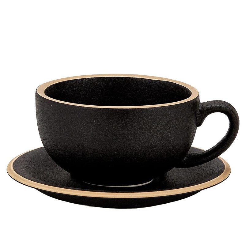 Coffeezone Vintage Design 12 oz Ceramic Latte Art Cappuccino Barista Cup with Saucer Rough Black