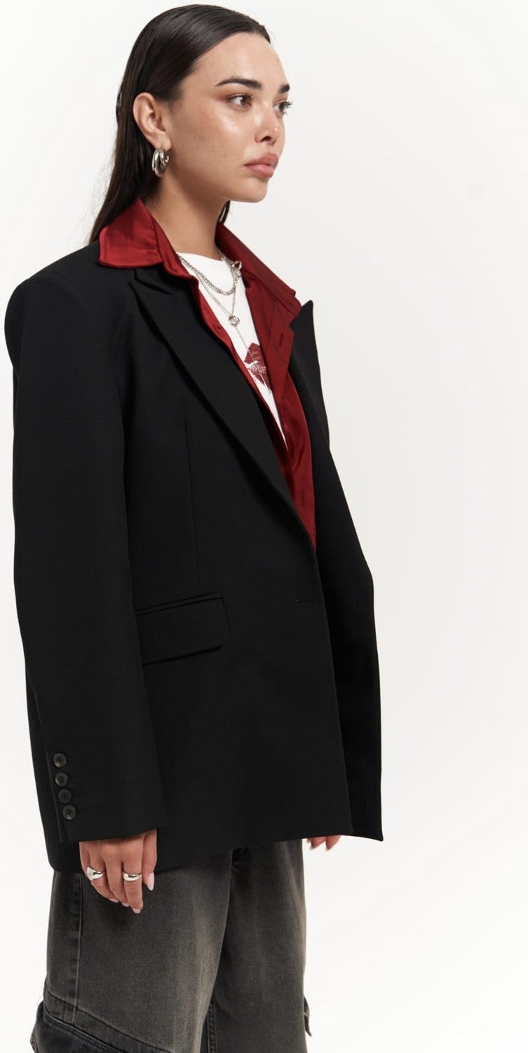 Catroux Shirt Collar Detail Black Blazer