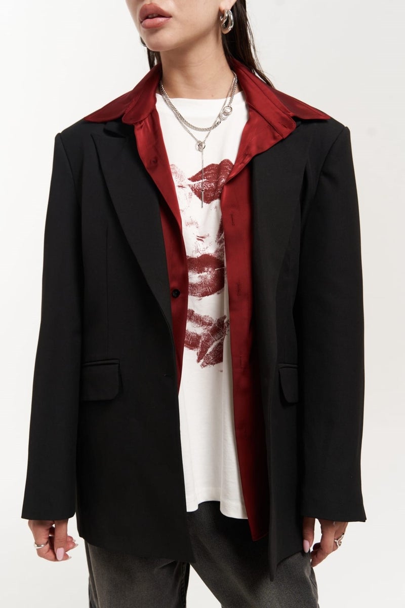Catroux Shirt Collar Detail Black Blazer