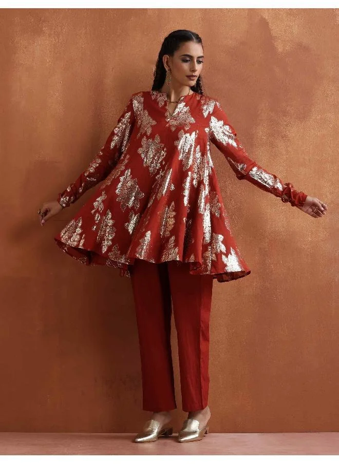 ترو برونز trueBrowns Rust Metallic Flared Anarkali Co-ord Set