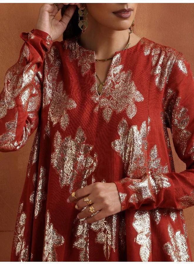 trueBrowns Rust Metallic Flared Anarkali Co-ord Set