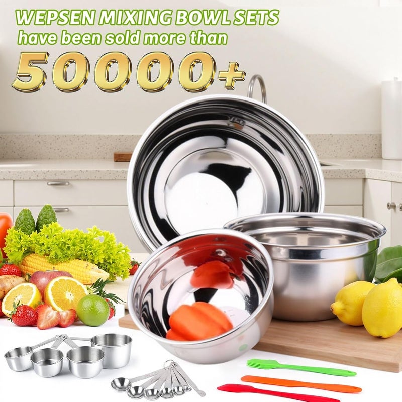 WEPSEN Mixing Bowls with Lid Set, 27PCS Kitchen Utensils Metal Bowl Stainless Steel Nesting Bowls, Measuring Cups and Spoons, Egg Whisk for Baking - Image 2