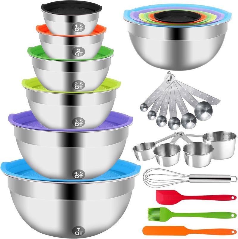 WEPSEN Mixing Bowls with Lid Set, 27PCS Kitchen Utensils Metal Bowl Stainless Steel Nesting Bowls, Measuring Cups and Spoons, Egg Whisk for Baking - Image 1