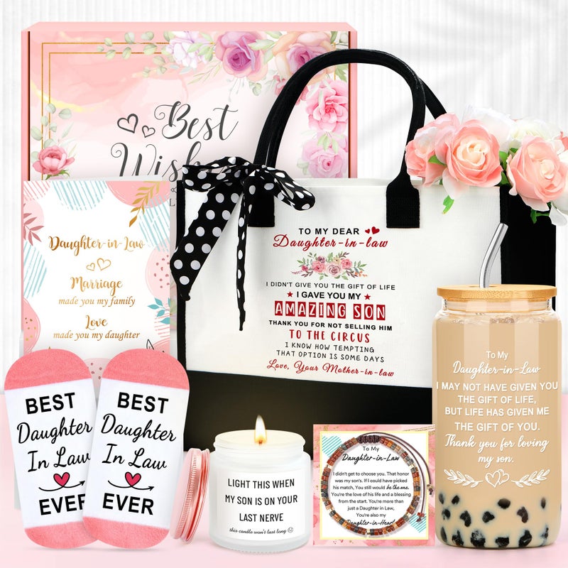 Saineron Daughter in Law Gifts from Mother in Law Future Daughter-in-Law Birthday Gifts Thoughtful Wedding Day, Anniversary, Happy Birthday Gift Includes Canvas Tote Bag, 16oz Glass Cup - Image 1