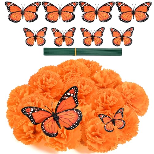 Antenda Artificial Marigold Flower HeadsMarigold Heads Bulk and 12 Monarch Butterfly for Dia De Los Muertos Diwali Decorations for Home Wreath Garland DIY Day of The Dead Altar Decor Orange - Image 1