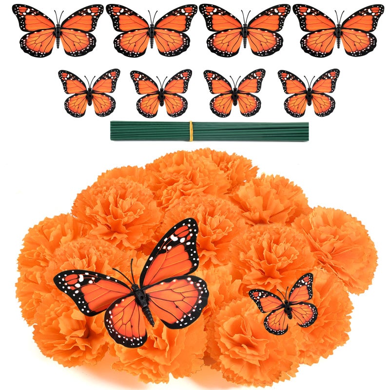 Antenda Artificial Marigold Flower HeadsMarigold Heads Bulk and 12 Monarch Butterfly for Dia De Los Muertos Diwali Decorations for Home Wreath Garland DIY Day of The Dead Altar Decor Orange - Image 2