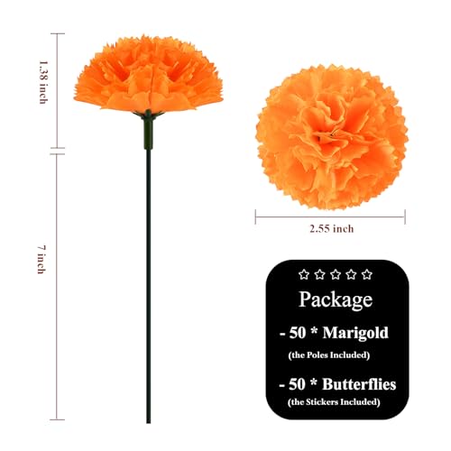 Antenda Artificial Marigold Flower HeadsMarigold Heads Bulk and 12 Monarch Butterfly for Dia De Los Muertos Diwali Decorations for Home Wreath Garland DIY Day of The Dead Altar Decor Orange - Image 3