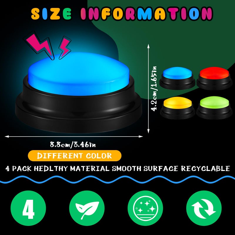 Honoson 4 Pcs Recordable Light up Buzzers for Trivia Games Answer Buzzers for Classroom Sound Buttons Family Game and Nights Back to School Supplies (Classic,Classic Color) - Image 2