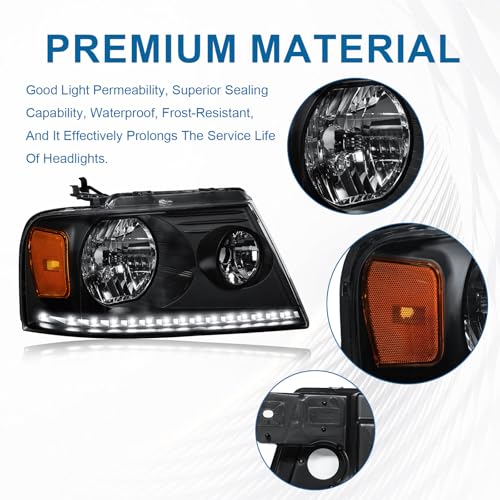 Fullux Headlights for 2004-2008 Ford F150 / 2006-2008 Lincoln Mark LT Pair Front Lights w/LED Running LIghts Replacement Headlamps Black Housing Amber Reflector - Image 4