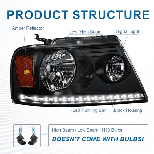 Fullux Headlights for 2004-2008 Ford F150 / 2006-2008 Lincoln Mark LT Pair Front Lights w/LED Running LIghts Replacement Headlamps Black Housing Amber Reflector - Image 3