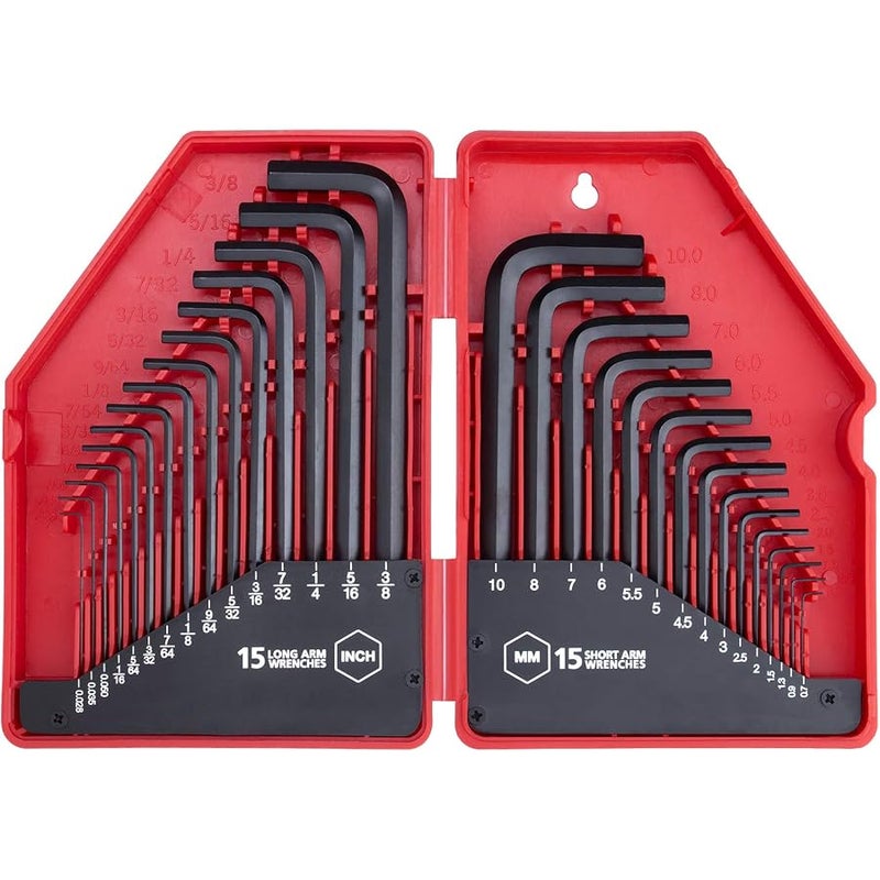 EFFICERE 30-Piece Premium Hex Key Allen Wrench Set, SAE and Metric Assortment, L Shape, Chrome Vanadium Steel, Precise and Chamfered Tips | SAE 0.028-3/8 inch | Metric 0.7-10 mm | In Storage Case - Image 1