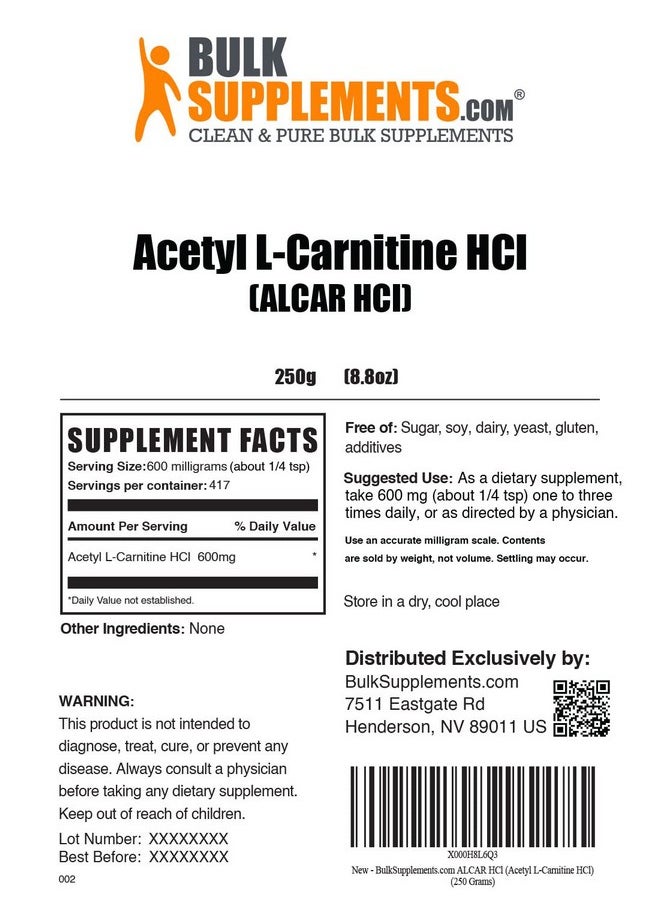 BULKSUPPLEMENTS.COM - Acetyl Lcarnitine Powder Alcar Hcl Alcar 600Mg Alcar Powder Carnitine Supplement Carnitine Powder Acetyllcarnitine 600Mg Per Serving (250 Grams 8.8 Oz) - Image 1