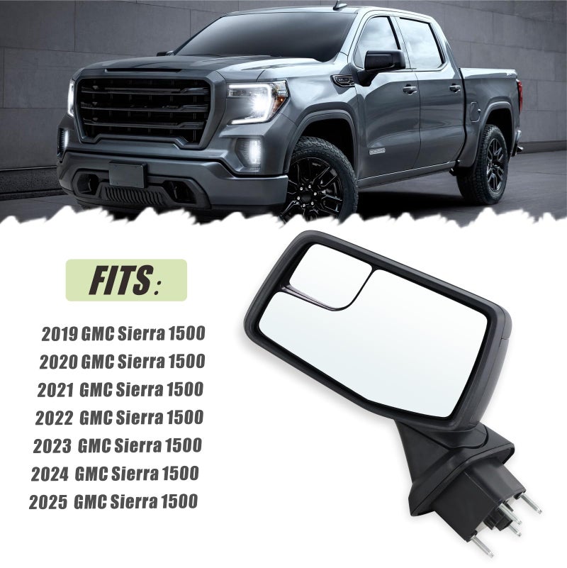Lqito Left Driver Side Mirror Compatible With 2019 2020 2021 2022 2023 2024 2025 GMC Sierra 1500 With Manual Folding Power Glass Heated Matte Black Replace#84732161,84309731(5Pins) - Image 5