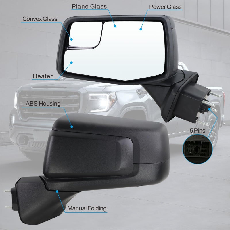 Lqito Left Driver Side Mirror Compatible With 2019 2020 2021 2022 2023 2024 2025 GMC Sierra 1500 With Manual Folding Power Glass Heated Matte Black Replace#84732161,84309731(5Pins) - Image 2