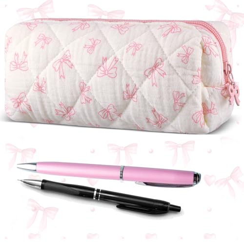 Sherr Coquette Bow Pencil Case Pink Bow Cute Pencil Pouch Soft Cotton Storage Bag Aesthetic Pattern Gift Makeup Pouch Cosmetic Bag for Women - Image 1