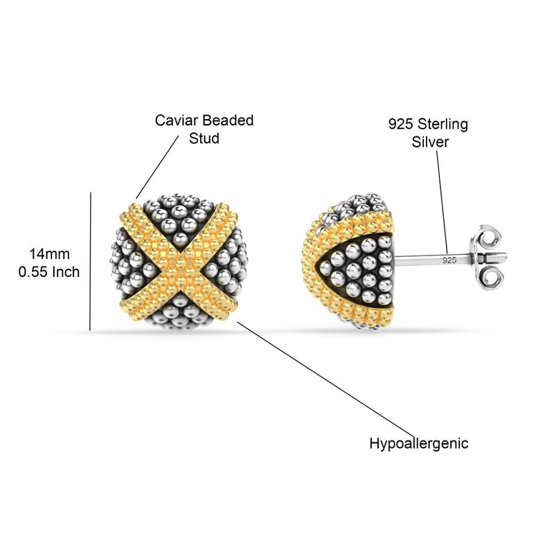 LeCalla 925 Sterling Silver Caviar Stud Knot Earrings Lightweight Two-Tone Caviar Beaded Love-Knot Stud Earring for Women - 12mm - Image 4