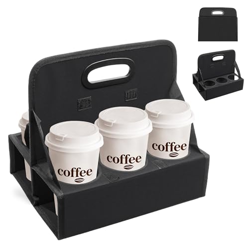 AKAYOK 6Cup Reusable Foldable Drink Carrier with Handle SpillProof Black Drink Caddy for Delivery Office Catering Sturdy Beverage Organizer with Individual Compartments for Car Travel Events - Image 1