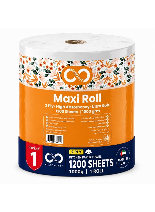 BRANDSFINITY Kitchen Roll Tissue Paper Towel 1000g Maxi Roll Contains 1 Packs 1000 Diamond Embossed Sheets Higher Absorbency & Ultra Soft Tissue 1200 sheets - Image 1