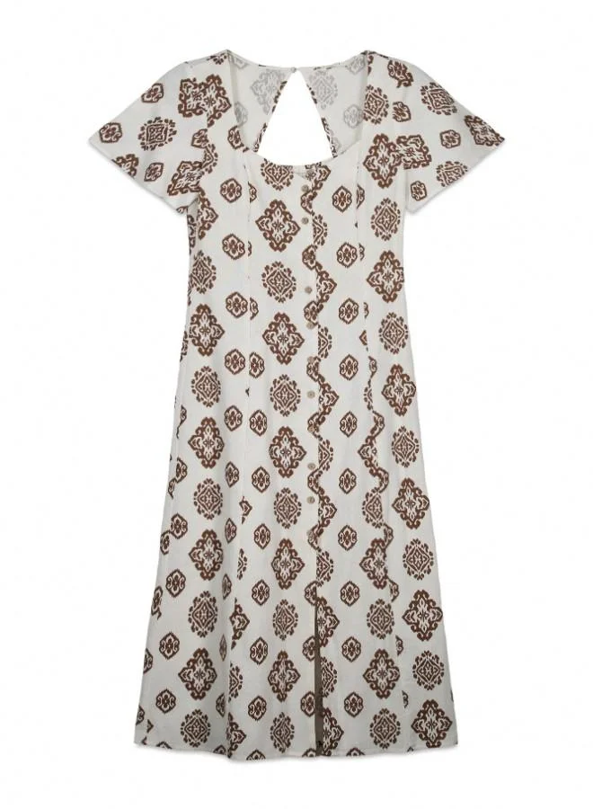 Springfield  Printed semi-fitted short sleeve shirt collar V-neck front button flared midi dress for Women | Best Price UAE