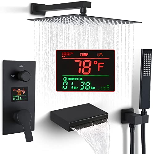 SKOWLL Shower System with Tub Spout Bathroom Tub and Shower Faucet Combo Wall Mount 12 Inch Black Shower Head and Handle Set, Display Shower Valve Kit Rough-in Valve and Trim Included - Image 1
