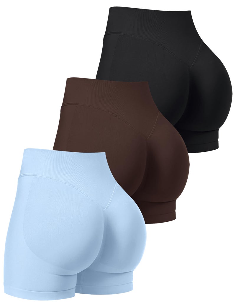 OLCHEE Womens Workout Shorts Seamless Scrunch Butt Lifting 3 Pack Yoga Gym Athletic High Waisted Tummy Control Booty 4.1" Inseam - Black Brown Light Blue Medium - Image 1