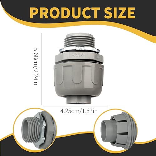 HDHAODA Conduit Connectors, 3/4 Inch Liquid Tight Connector NPT Non-Metallic for PVC Electrical Flexible Conduit Fittings, 180 Degree Straight, UL Listed for Home Outdoor Tubes Tools, Grey (10-Pack) - Image 2