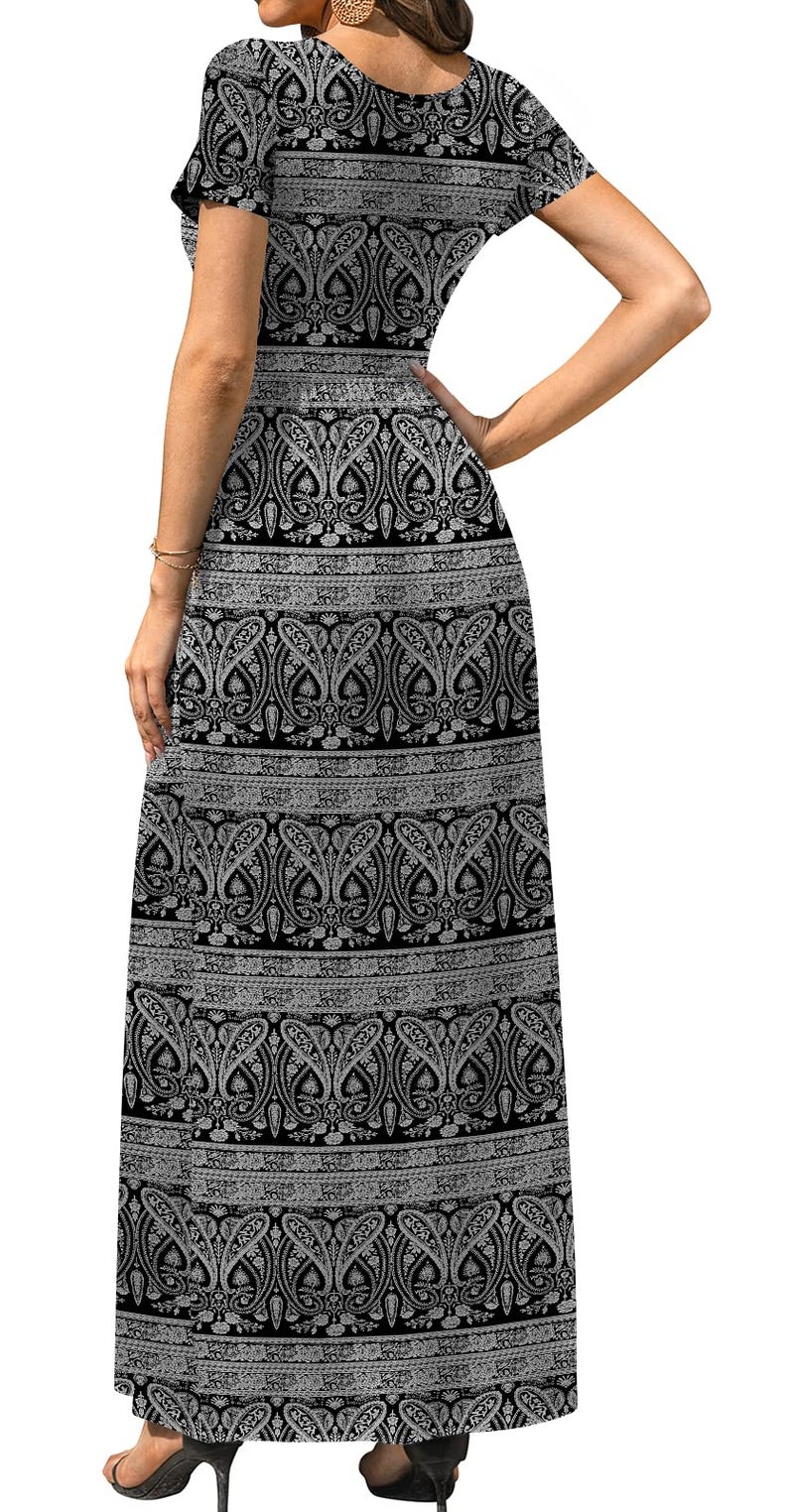 DB MOON Womens 2026 Summer Maxi Dresses Casual Short Sleeve & Pockets Empire Waist Long Dress for Beach Party L, Black Floral - Image 3