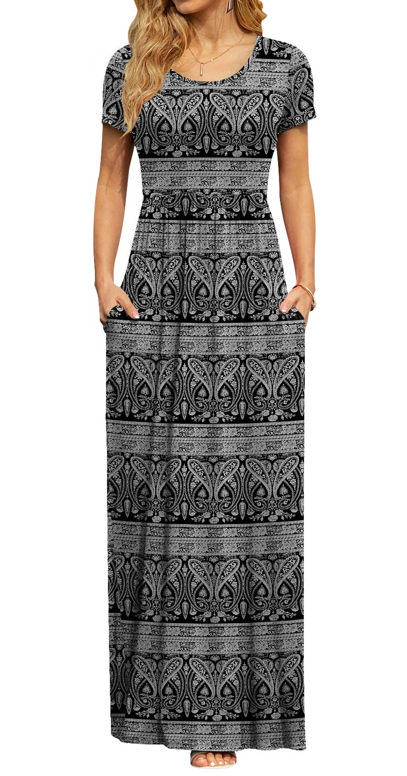 DB MOON Womens 2026 Summer Maxi Dresses Casual Short Sleeve & Pockets Empire Waist Long Dress for Beach Party L, Black Floral - Image 1