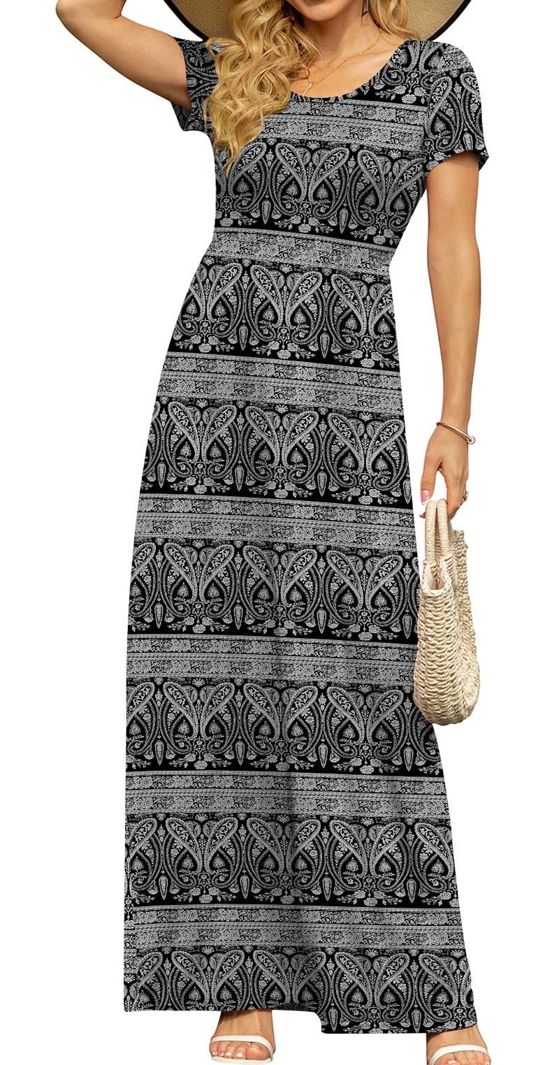 DB MOON Womens 2026 Summer Maxi Dresses Casual Short Sleeve & Pockets Empire Waist Long Dress for Beach Party L, Black Floral - Image 2