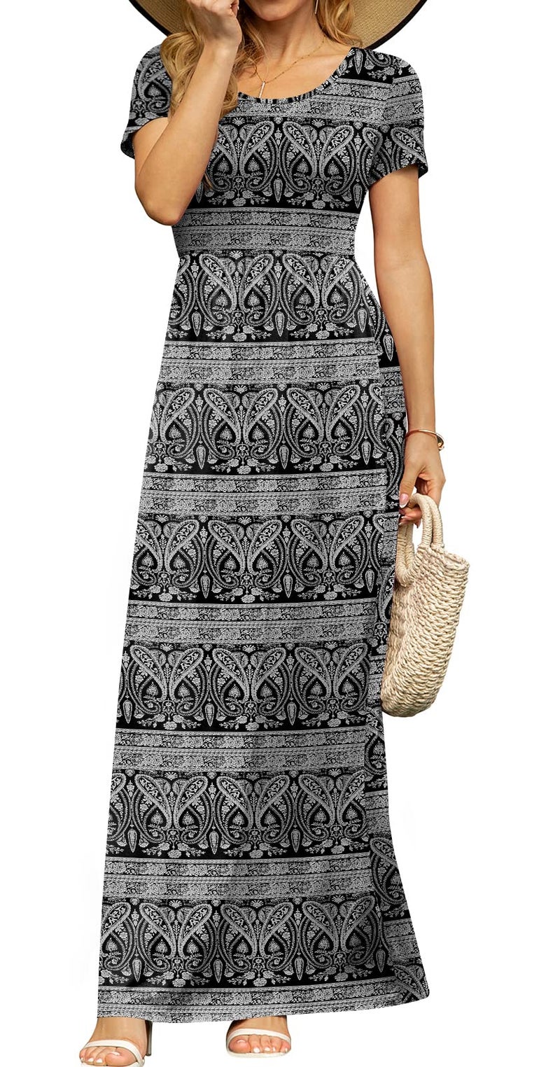 DB MOON Womens 2026 Summer Maxi Dresses Casual Short Sleeve & Pockets Empire Waist Long Dress for Beach Party L, Black Floral - Image 4