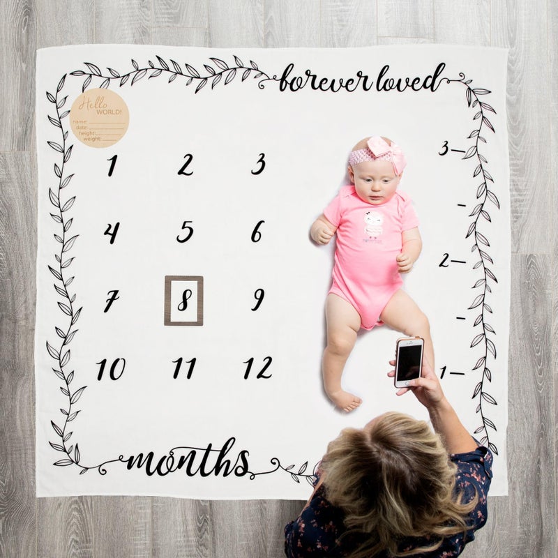 Pondering Pine Organic Baby Monthly Milestone Blanket Boy or Girl - Months Blanket with Wood Frame and Newborn Announcement Disc - Growth Chart for 1-12 Month Milestones, Gender Neutral, 47â€x47â€ - Image 4