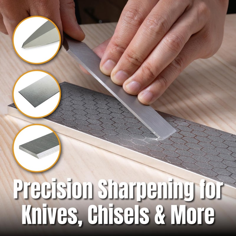 POWERTEC حجر شحذ الماس، شحاذ سكاكين مزدوج الحبيبات 400/1000، حجر شحذ بطول 8 بوصات مع قاعدة غير قابلة للانزلاق لسكاكين الجيب، المقصات، الأزاميل، الشفرات، الأعمال الخشبية (72245) - Image 4
