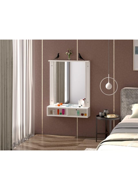 DAS Bárbara Engineered Wood Wall Mount Dressing Table Vanity Mirror with Storage Shelves -Frosty White