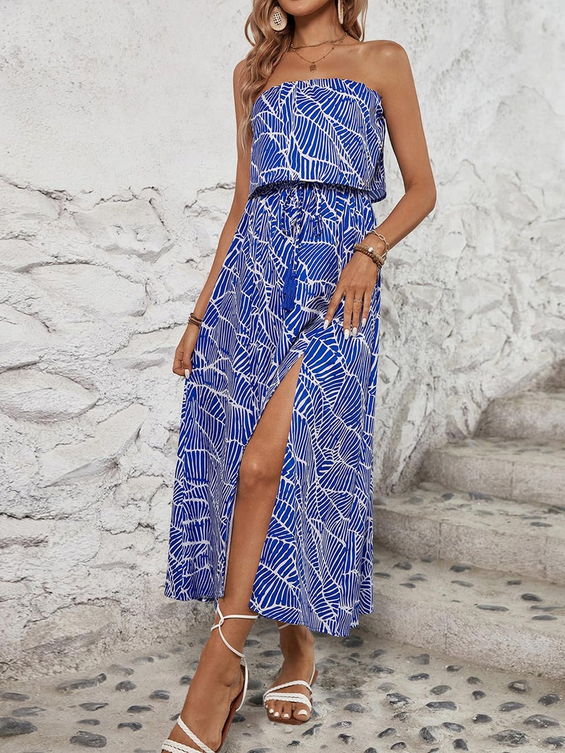 HELYO Women's Ruffle Floral Maxi Summer Casual Dress Off Shoulder Wedding Guest Slit Hem Beach Prom Dresses 7630 Blue Floral M - Image 4