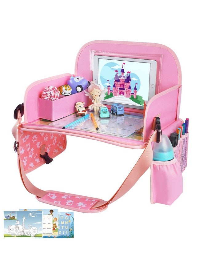 MENZOKE Kids Travel Tray for Toddler Car Seat, Lap Tray for Girl Activities with Dry Erase Board & Cooler Cup Holder, Road Trip Essentials Accessories with No-Drop Large Tablet iPad Holder Stand,Pink - Image 1
